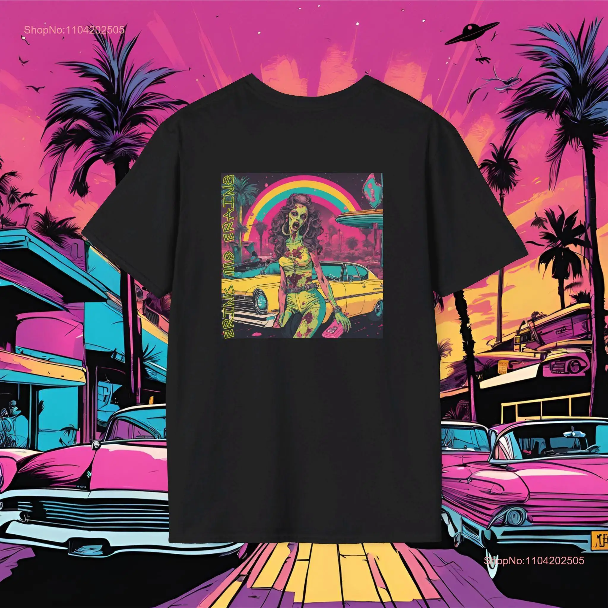 Zombie Ghost Hunting Alien Mutant Bring Me Brains Men's Softstyle T Shirt Classic Car Rainbow Retro Sci fi Yellow Pink