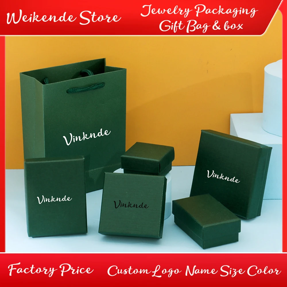 

Custom Logo Paper Tote Bag Ring Necklace Boxes Bracelet Liding Gift Box Small Green Earring Jewelry Packaging Case Wedding Gift
