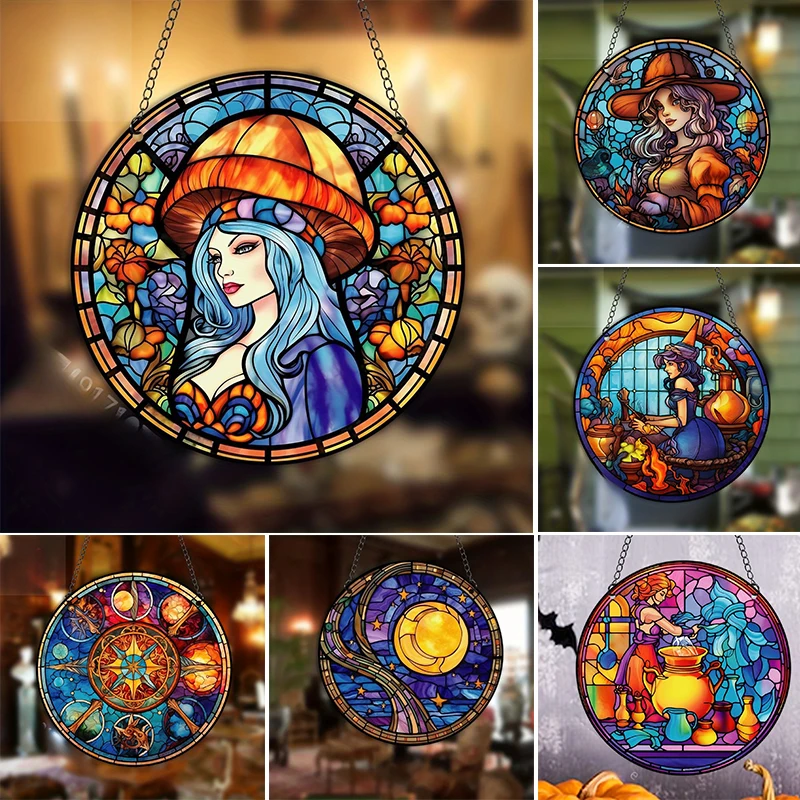 Witch Magic Moon Printed Stained Suncatcher Window Acrylic Aesthetic Art Ornament Wall Hanging Pendant Home Garden Decor Plate