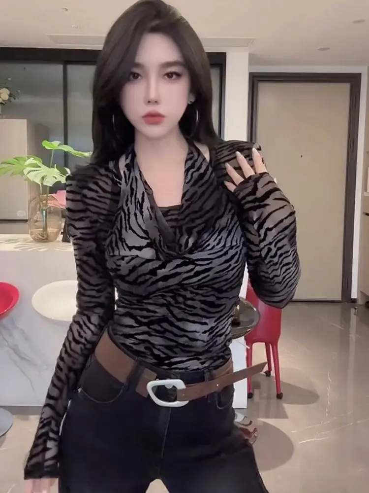 

Sexy Leopard Print Long Sve T-irt Women's Slim Fit Base Layer Inner Wear Top V-Ne Casual Breathable Skin-Friendly