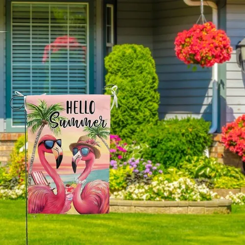 Hello Summer Flamingo Garden Flag Double Sided Tropical Beach, 12x18 Inch XXQ