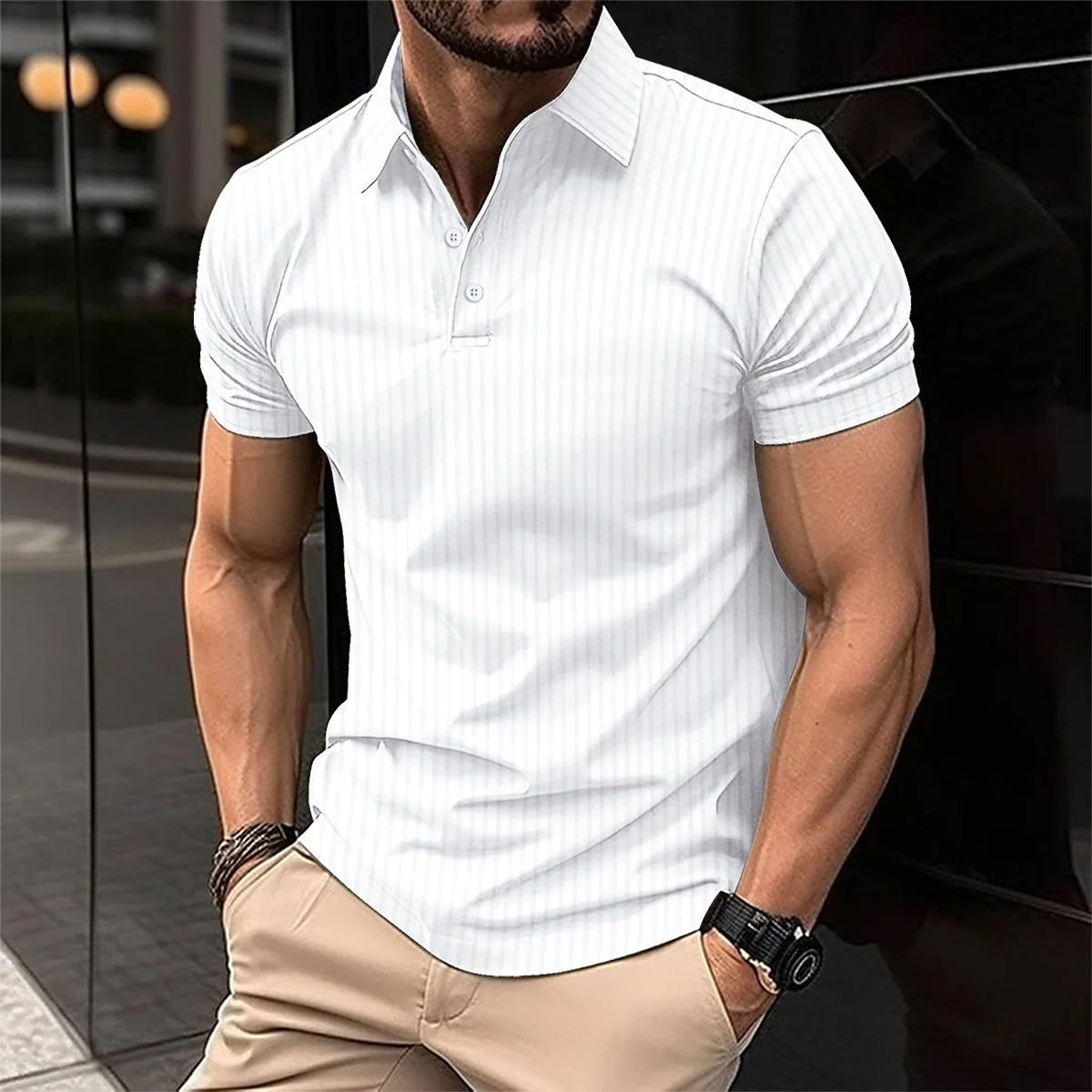 Summer men\'s polo shirt solid color button short sleeve striped lapel T-shirt casual breathable top men\'s wear Color Black S-3XL