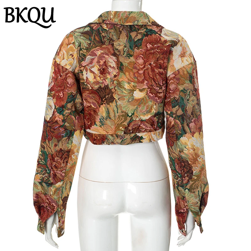 BKQU Vintage Jacquard Long-Sleeved Jackets Women Fashion Turn Down Collar Single Breasted Casual Short Coats Female Streetwear