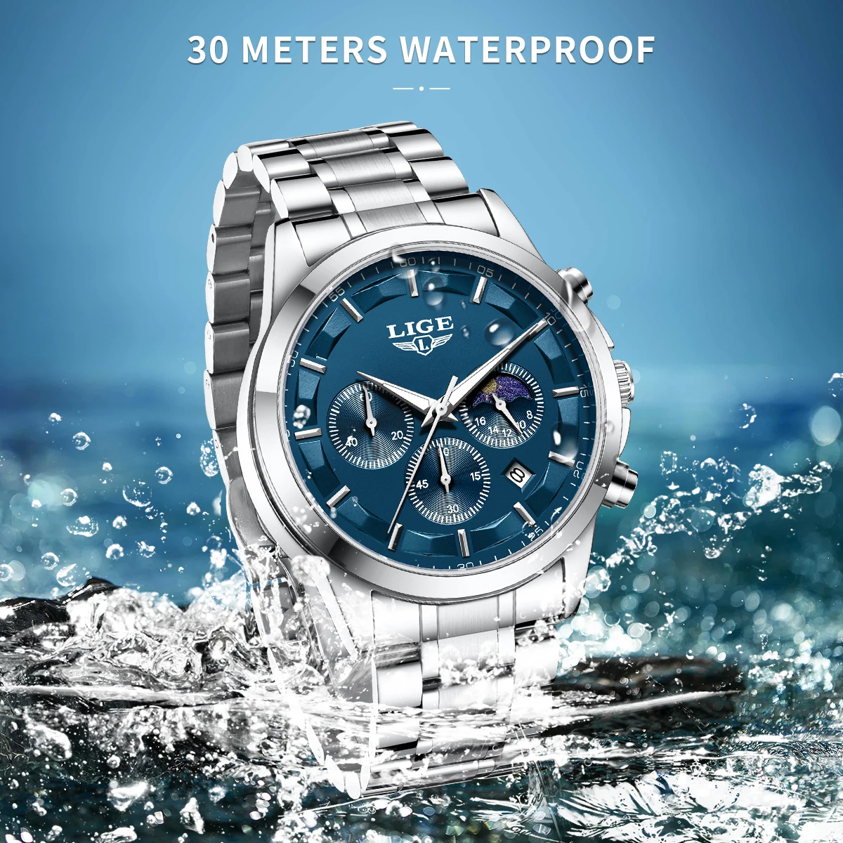 LIGE Luxury Fashion Quartz Man Watch Classic Business Auto Date Gentlemen Steel Band Moon Phase Waterproof Watches for Men Male view 3