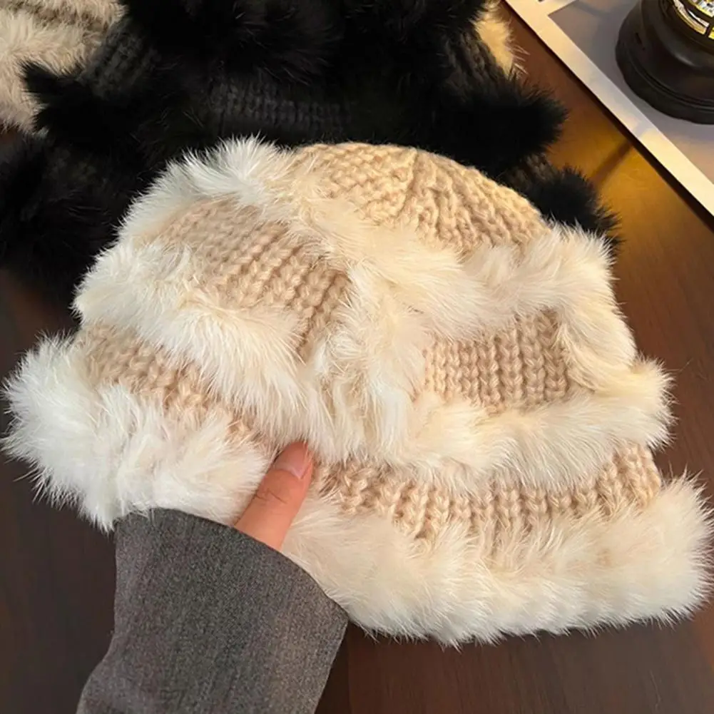 Windproof Women Hat Women’s Fisherman Hat with Imitation Rabbit Fur Autumn Winter Warm Dome Cap Soft Knitted for Weather