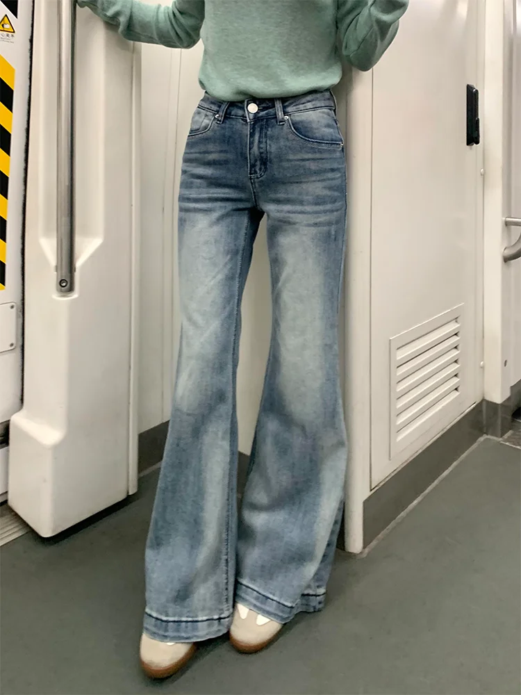 plus Size Vintage Blue Draped Straight Leg Micro Flared Denim Jeans Women's Autumn American Style Not Tight Leg Slimming Elas...
