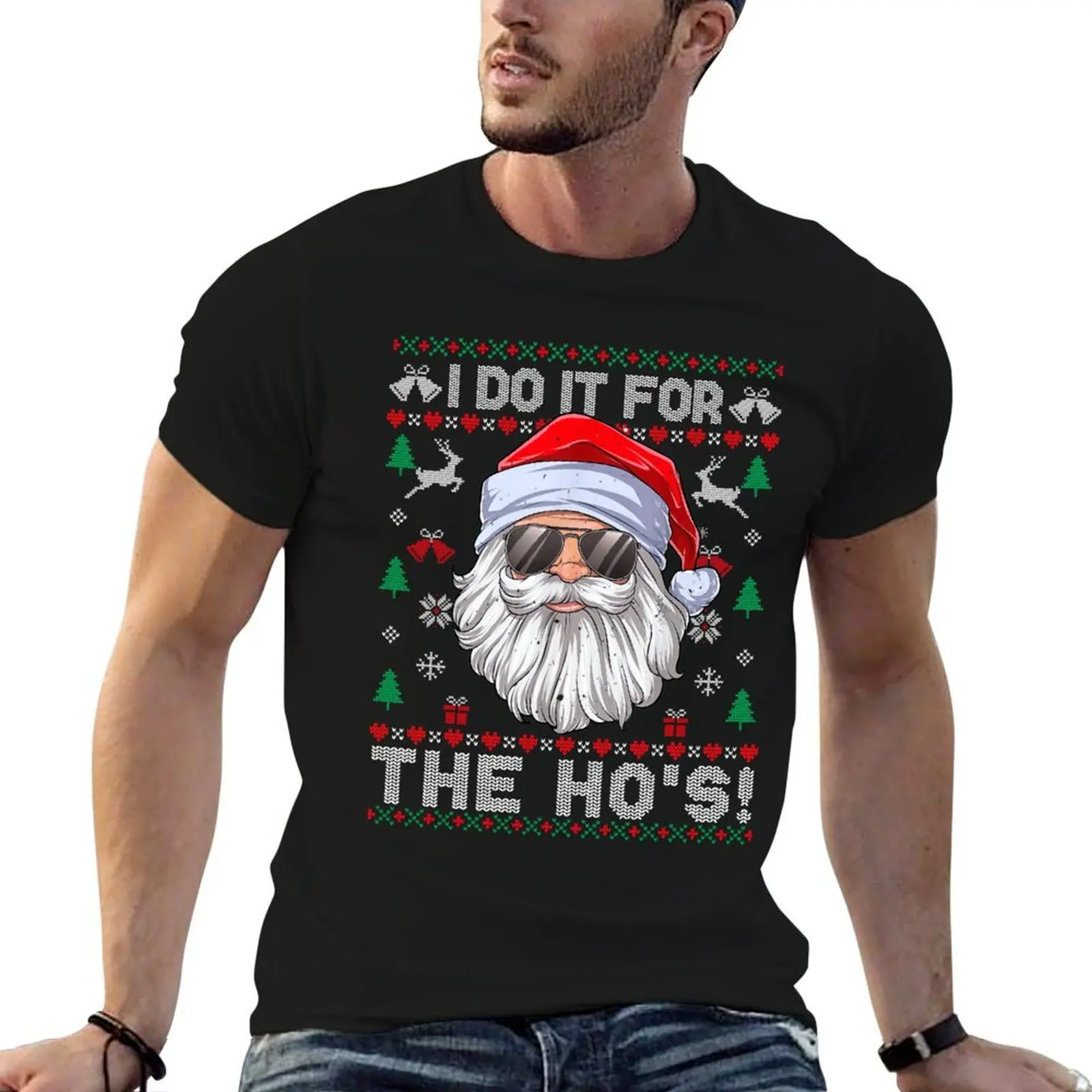 I Do It For The Ho's Funny Inappropriate Santa Ugly Sweater T-Shirt plus size tops cute tops men clothing