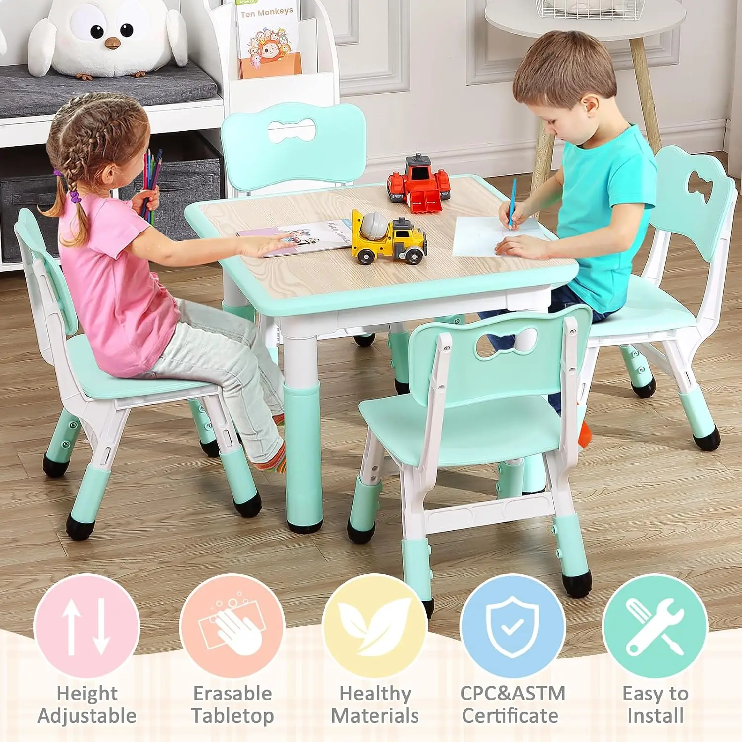TackView 23inch Kids Table and 4 Chair Set Toddler Table Set-Teal Activity Art Craft Table Non-Slip Legs Graffiti TopMulti-Function Easy Assembly for Home School Kids view 3