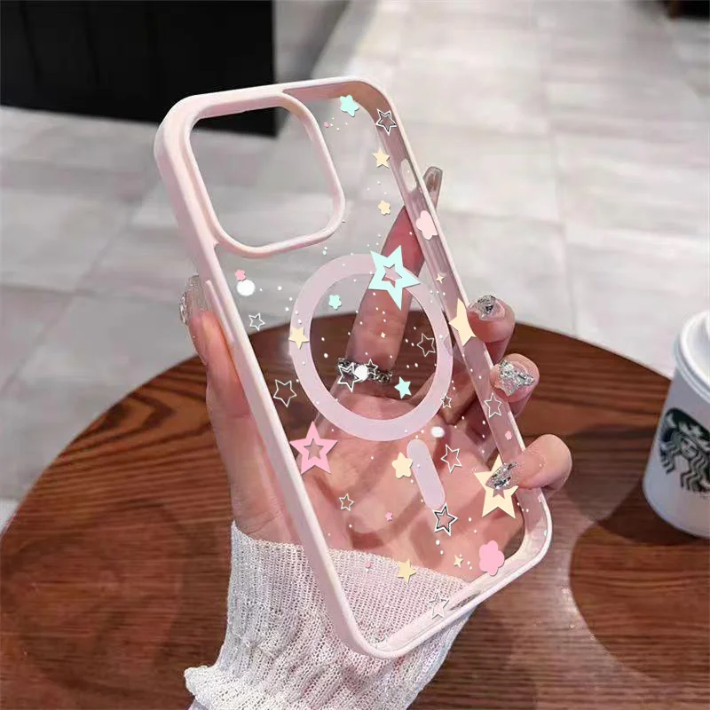 Korean Cute Colorful Stars Magnetic Phone Case For iPhone 18 17 16 15 14 Pro Max 13 12 Mini XS XR 14 Plus 17Air Clear Hard Cover