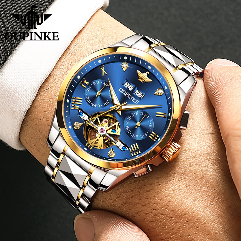 OUPINKE High-end Wristwatch for Men Tourbillon Hollow Out Design Automatic Mechanical Men's Watches Tungsten steel Band Watches