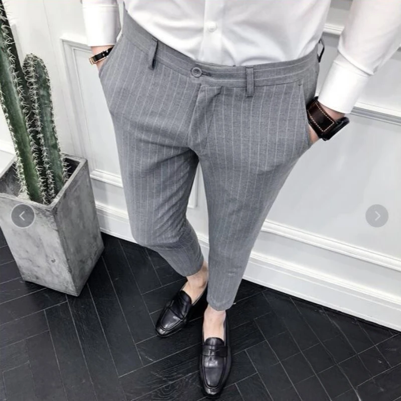 Business Man Suits Pants Slim Fit Striped Social Tailoring Tressed Trousers for Men Clothes Offer Spring High Quality Slacks Up