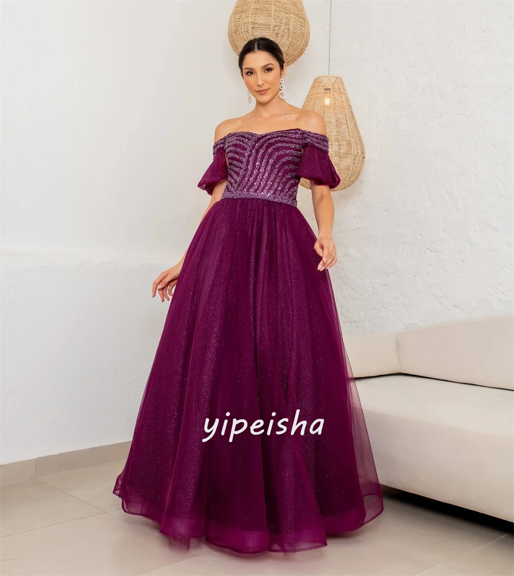 Maßgeschneiderter Abendkleid aus Organza mit Pailletten, drapiert, A-Linie, schulterfrei, maßgeschneidertes Anlasskleid, lange Kleider