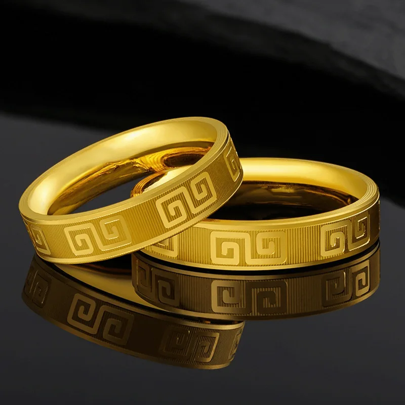 9999 real gold embossed ring, 24K gold, Chinese style retro couple ring, holiday gift