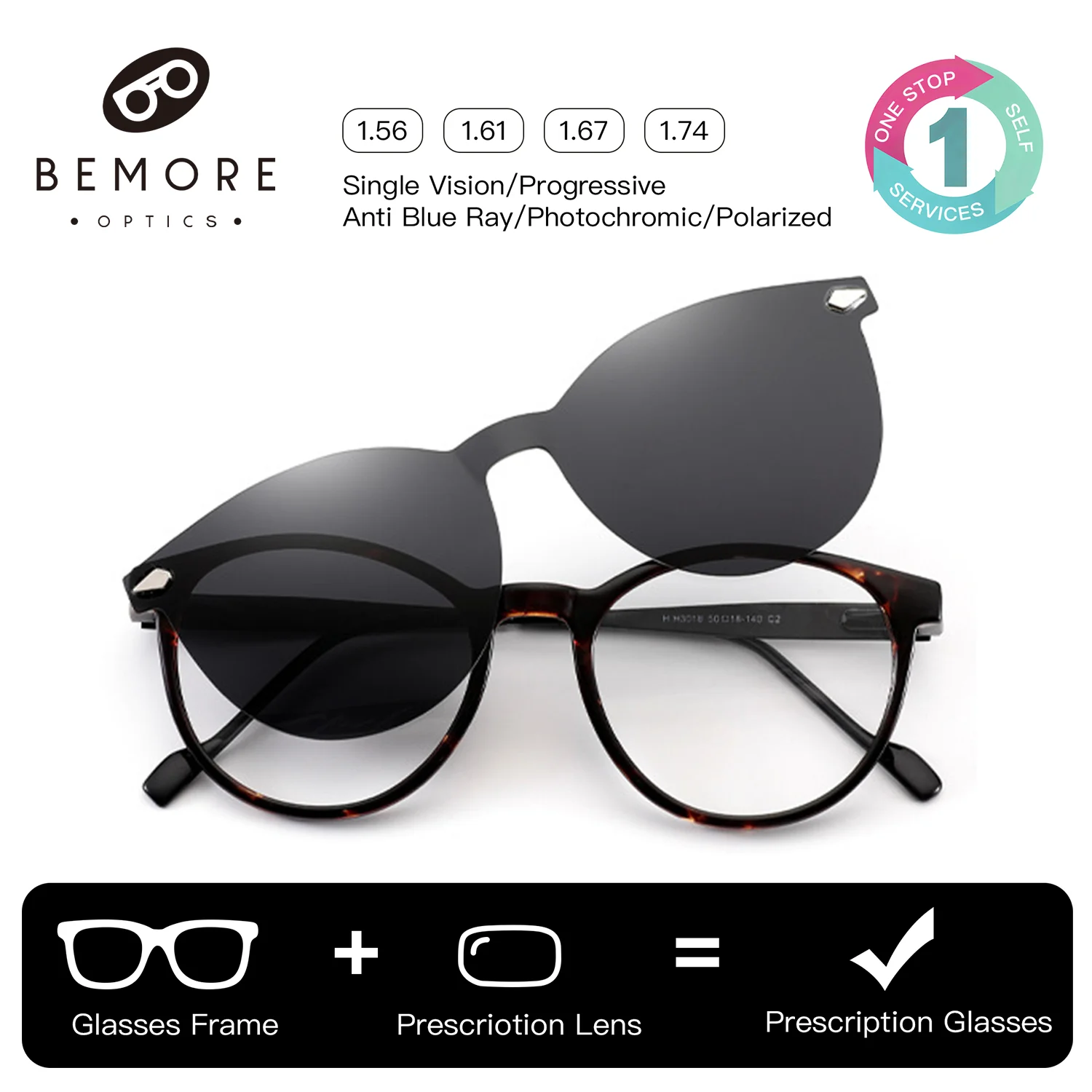 BEMORE Retro Round Men Progressive Multifocal Glasses Women Clip on Polarized Sunglasses Handmade Acetate Prescription Eyewear