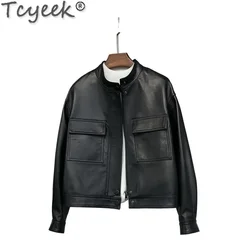 Tcyeek Real Leather Jacket Women Stand Collar Sheepskin Coat for Woman Short Leather Coat Spring Autumn Clothes Fashion 2024