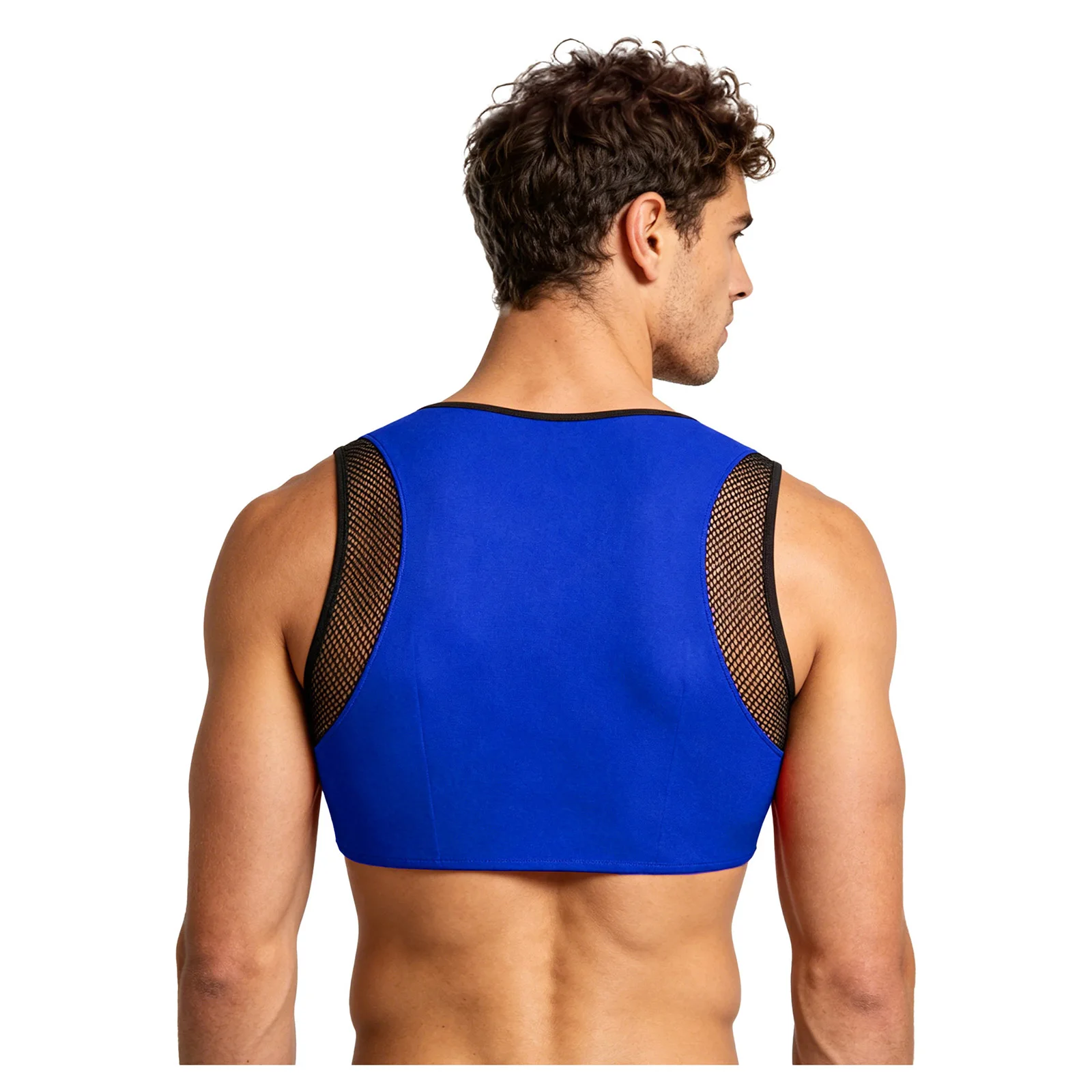 Mens Workout Wrestling Crop Top Sleeveless Color Blocking Running Tank Top Mesh Patchwork Front Hollow Out with Buckle Vest