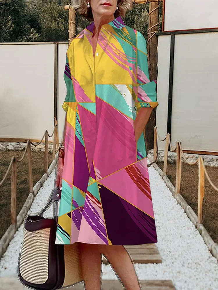 Colorful Striped Print Women's Shirt Dress Holiday Party Fashion Lapel Dress Street Everyday Casual Women's Front Button Dress