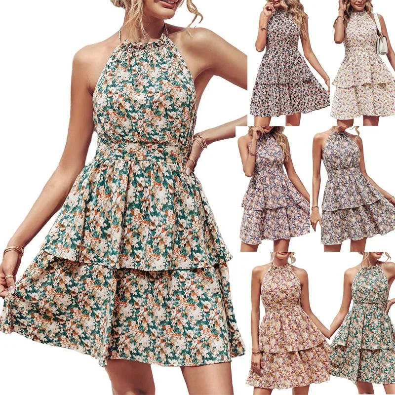 

Women Summer Sleeveless Backless Halter Neck Mini Swing Boho Floral Dress