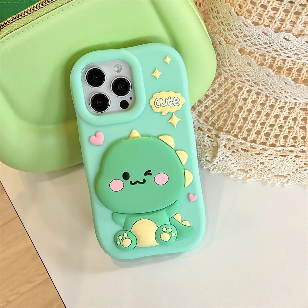 Lustige Dinosaurier-weiche Silikonhülle mit Make-up-Spiegel-Ständerhalter, 3D-Cartoon-Abdeckung für iPhone 12, 13, 14, 15 Plus, 16 Pro Max Capas – Detail 3