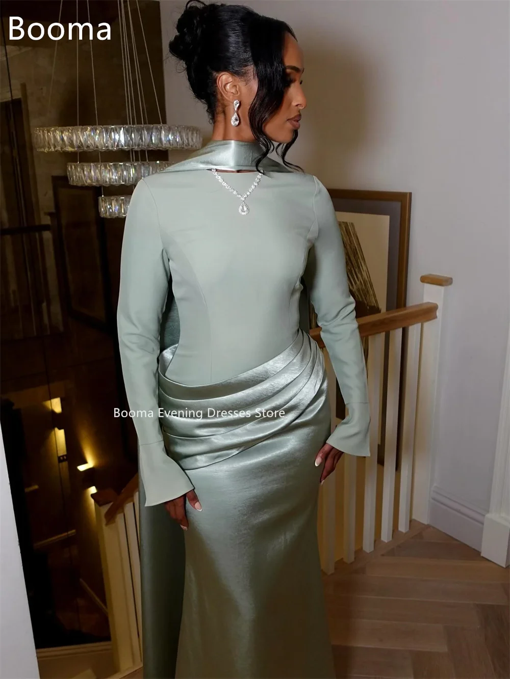 Booma Classic Mermaid O-Neck Long Satin Dresses Formal Party Gowns for Women Long Sleeve Pleat Simple Prom Gown Customize image 3