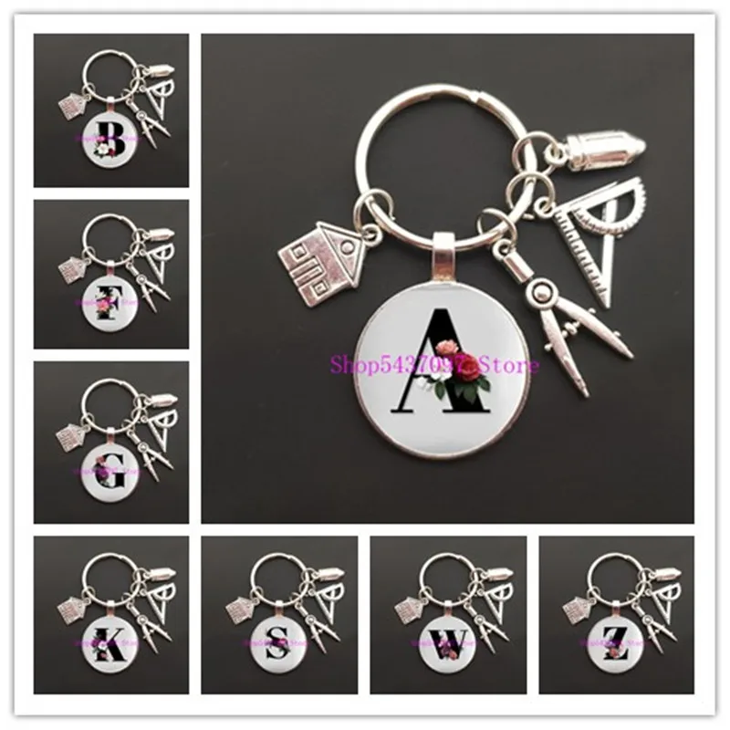 

A-Z letter glass keychain house guide keytub rod keychain real estate architect keychain engineer engineering student gift