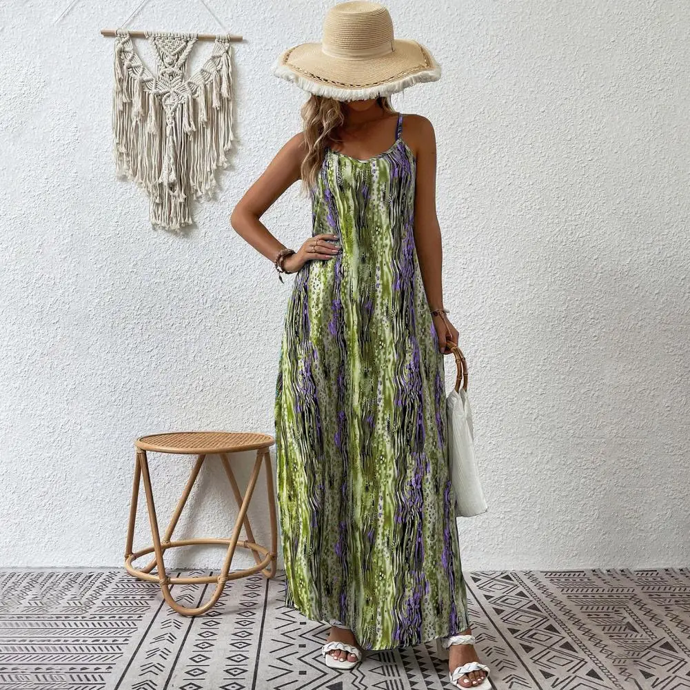 

Women Printed Dress Bohemian Style Women's Vacation Maxi Dress V Neck Printed Loose Sleeveless Beach Strappy Dress for Summer