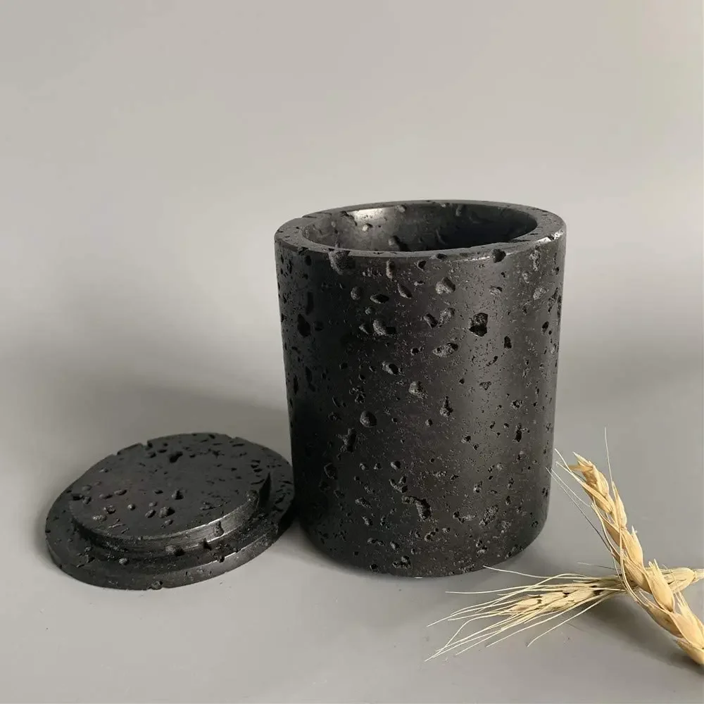 Natural Black Travertine Volcanic Rock Cosmetics Cotton Swab Holder, Tea Storage Jar, Ring Storage Box with Lid