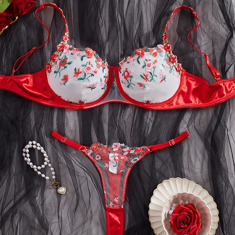 

Sexy Women's Erotic Underwear Exotic Transparent Bra Sets Embroidered Flowers See Through Push Up Thin Bra Adult Lingerie Suits