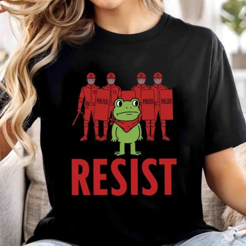Portland 2025 Resist Frog for Men Women Protest Anti ICE Activist Political Shirt Letters Cartoons Printed T-shirt Tops Adult