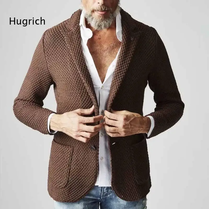 Men Textured Knit Blazer Jacket Notched Lapel Collar Single Breasted Button Long Sleeve Knitted Cardigan Coat with Pockets