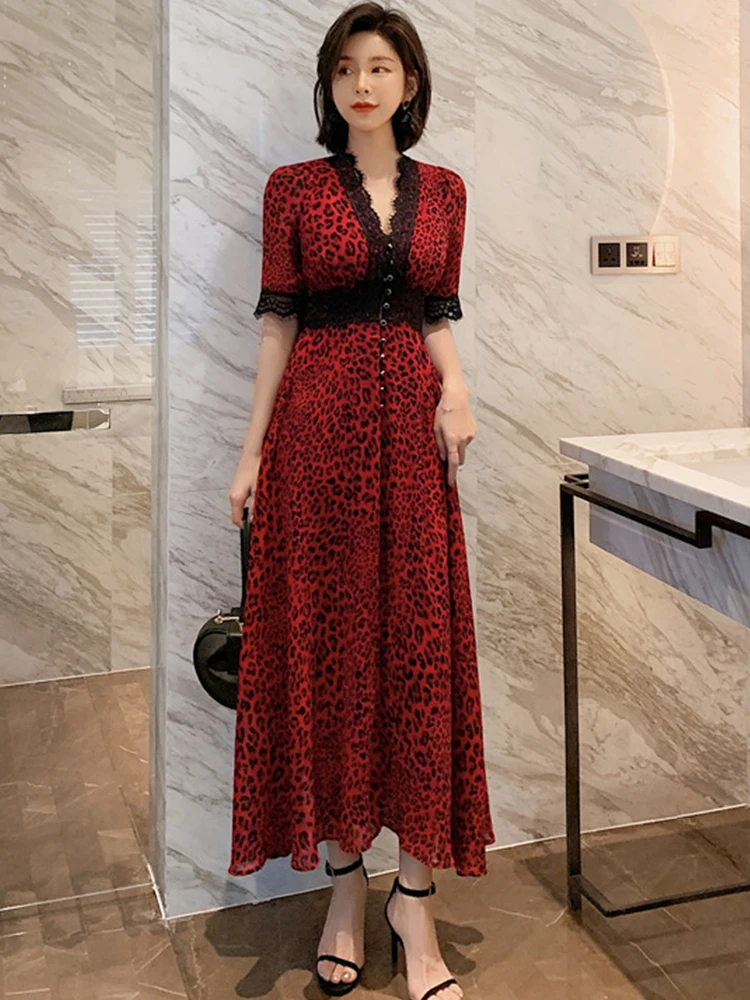 

new arrival fashion leopard dress women elegant autumn v-neck half sleeve party dress temperament vintage wine red long dress