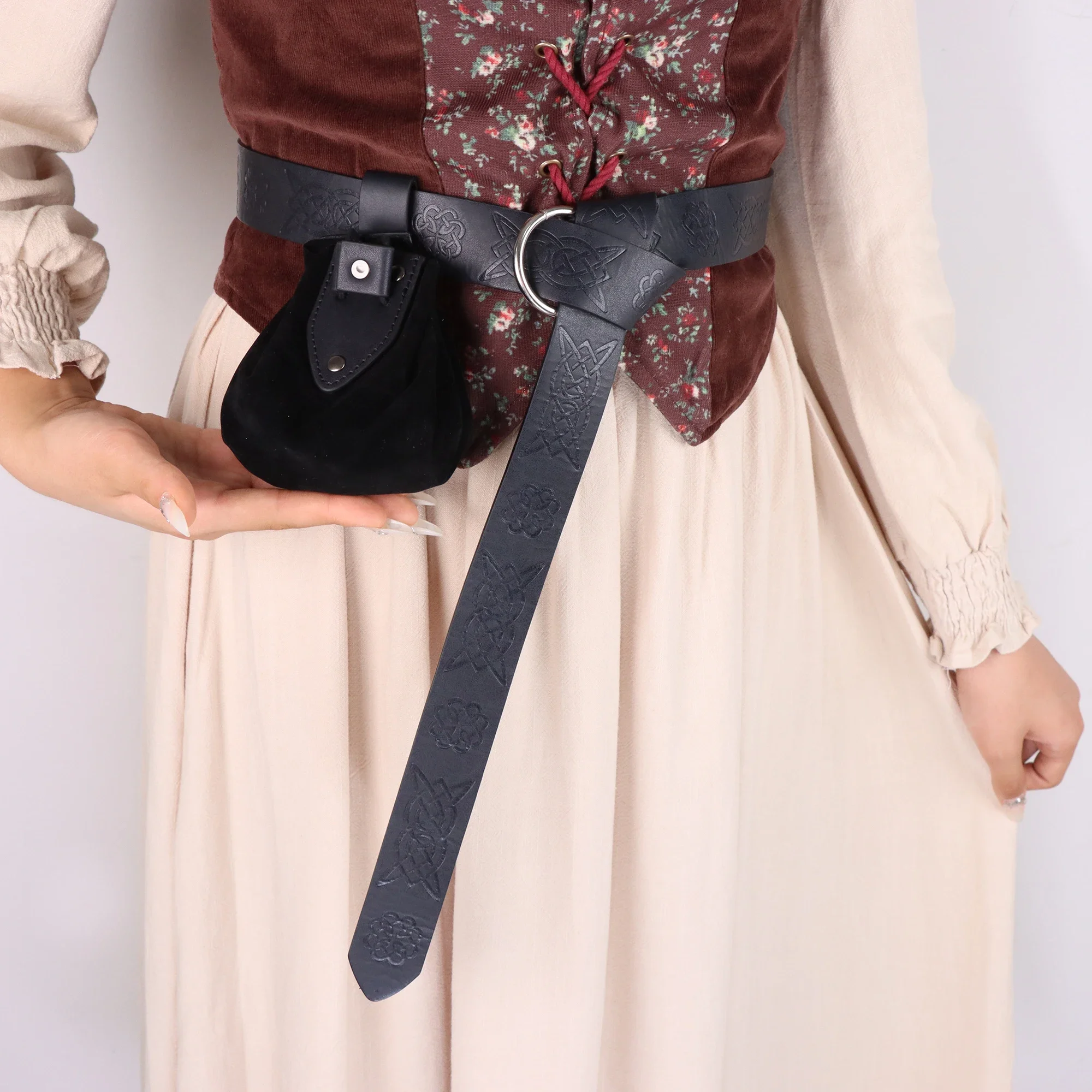 Saco de cintura medieval de couro PU, estilo punk, porta-moedas, cordão pendurado, peça de papel, unissex, 2 peças