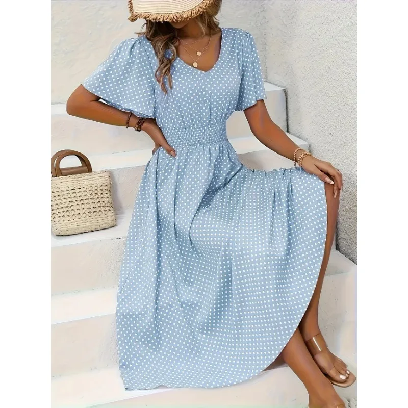 

Плюс размер 1XL-5XL новое женское летнее платье макси с v-образным вырезом, платье с короткими рукавами, модные платья трапециевидной формы с рюшами и подолом