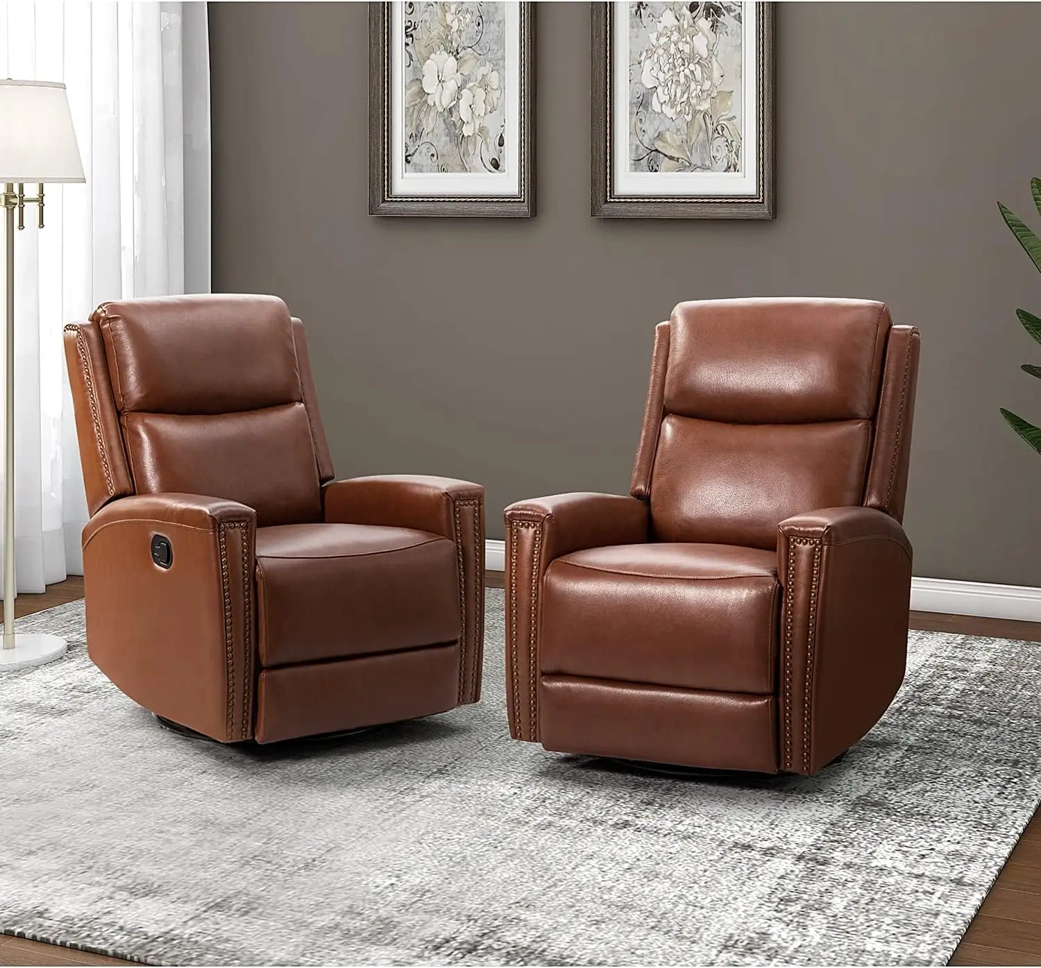 

Genuine Leather Swivel Rocker Recliners Set of 2 Manual Glider Recliner Chairs with Adjustable Backrest & Footrest Modern Brown