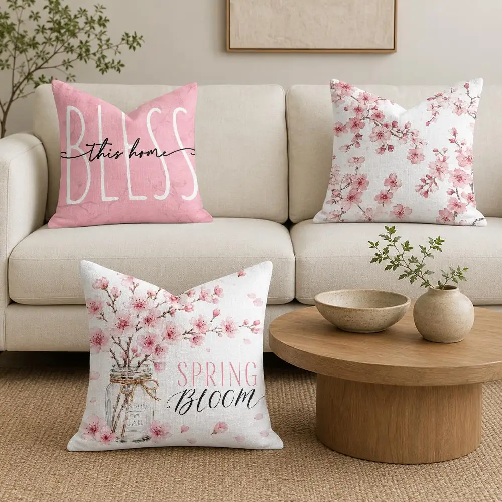 Cherry Blossom Joy Cushion Cover Natural Linen Organic Fabric Double-Sided Printing Sofa Home Decor Gift Pillow Cover