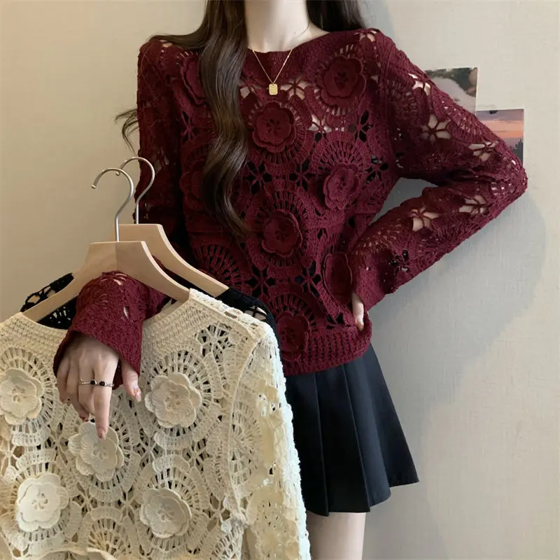 Elegant Hook Flower Hollow Out Sexy O-neck Basics Long Sleeve Chic Knit Top Women Korean Loose Streetwear Autumn Winter Clothing
