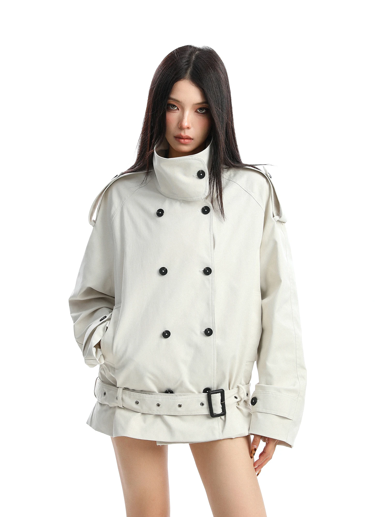 

Элегантное женское двубортное пальто с поясом и воротником-стойкой, осенняя модная верхняя одежда, ветровка