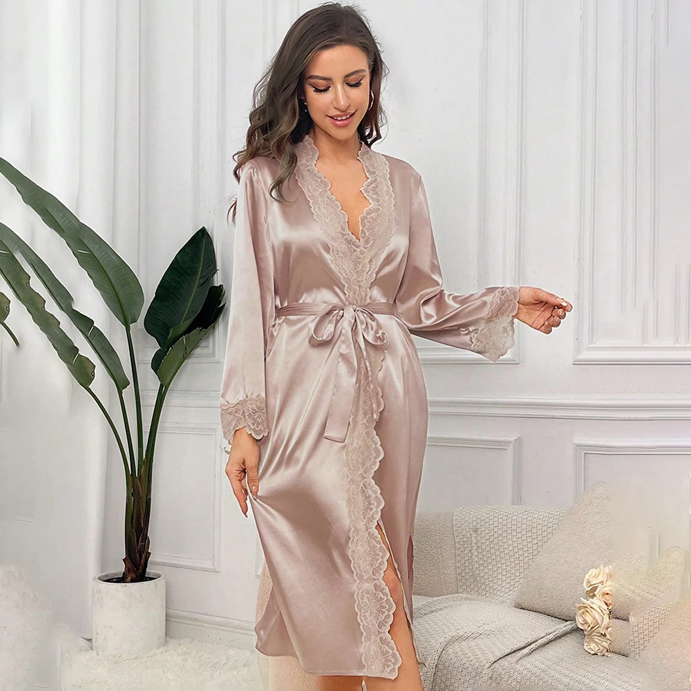 Solid Satin Sexy Night Robe Elegant Lace Border Nightgown Bathrobe Long Sleeve V Neck House Robe With Belt Women\'s Sleepwear New