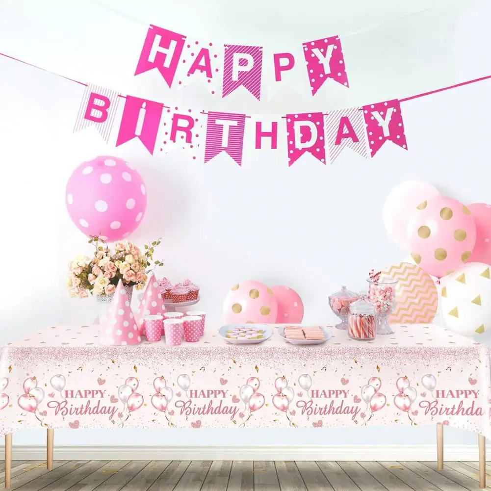 3Pcs Disposable Tablecloth Happy Birthday Rectangle Oil-proof Kids Pink Balloon Love Heart Birthday Party Dinning Table Cover