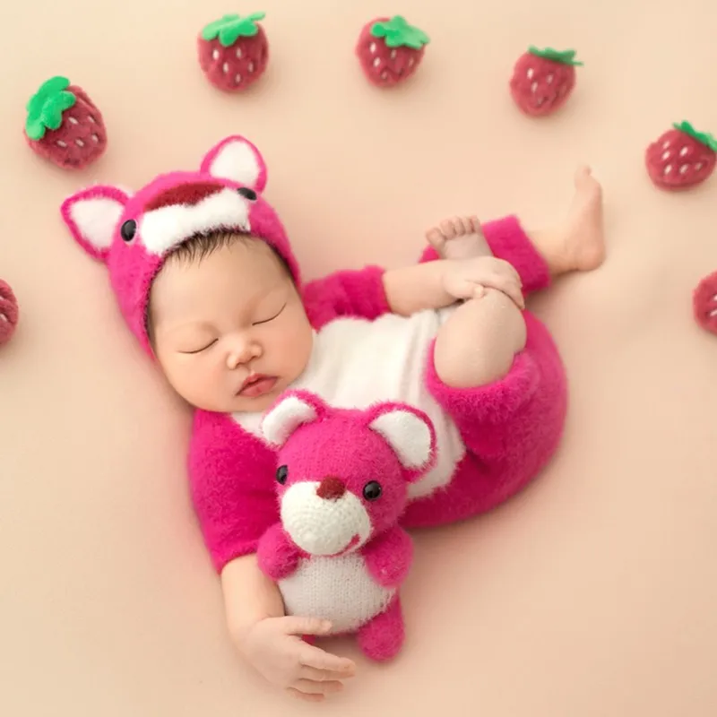 

❤️ Одежда для фотосъемки новорожденных, шляпа с клубничным медведем + комбинезон + кукла, 3 шт./компл., студийный реквизит для детской фотосессии, аксессуары, одежда, наряды