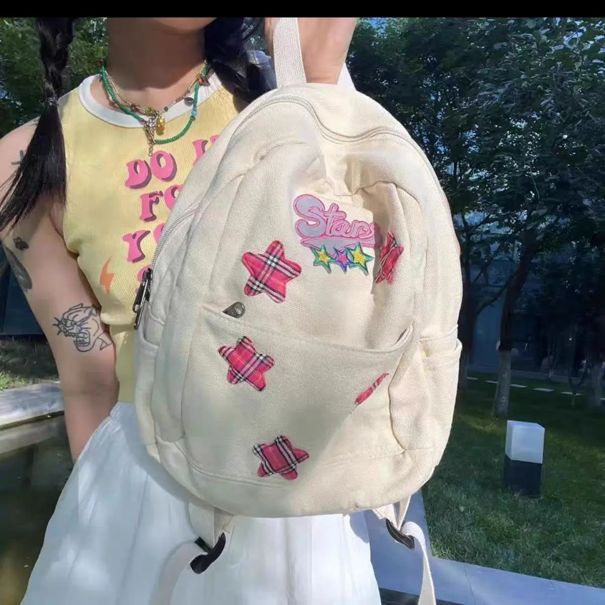 Miyagawa Vintage Cute Pink Star Canvas Niche Casual Girls Backpack Versatile Small Spicy Girl Y2k Cartoon Cute Kawaii Backpacks