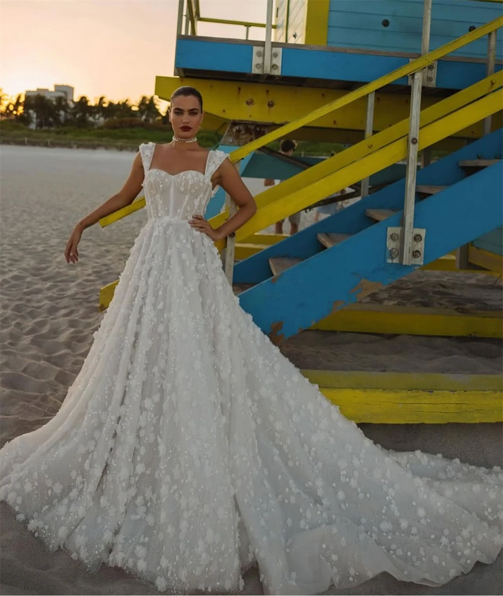 

Customized Boho White Organza Wedding Dress Formal Sweetheart Sleeveless Bridal Gowns Soft A-Line Court Train Vestido De Novia