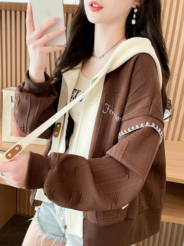 Amerikaanse retro mode honkbaljas bovenkleding lente herfst losse kleur geblokkeerde geborduurde letter sweatshirt met capuchon