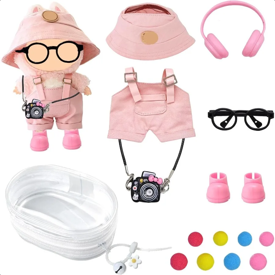 

for Labubu Clothes Canvas Overalls Hat Set with Headphones Camera Bell Case for 17cm Doll Denim Workwear Style Outfit for La Bu