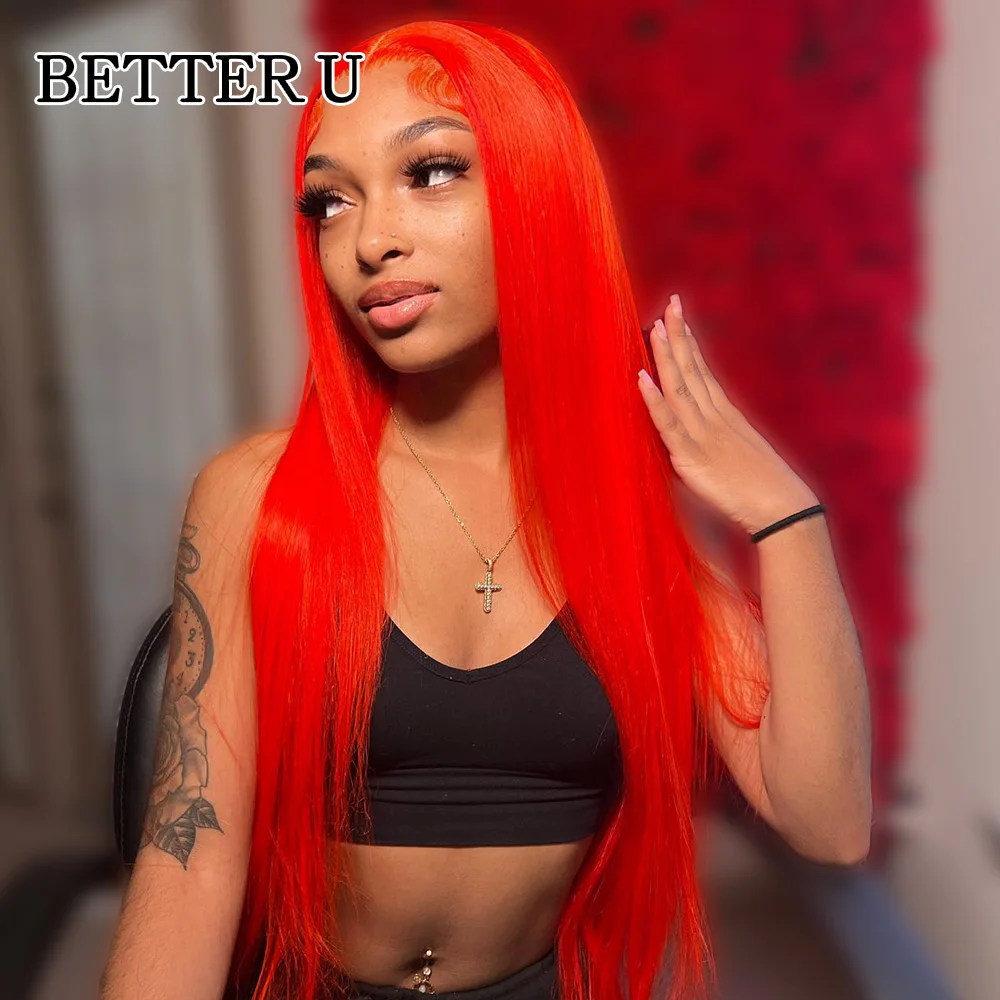 

13x6 Red Ginger Lace Front Wig Straight Orange Lace Front Wig Human Hair Pre Plucked Orange Colored Lace Frontal Wigs For Women