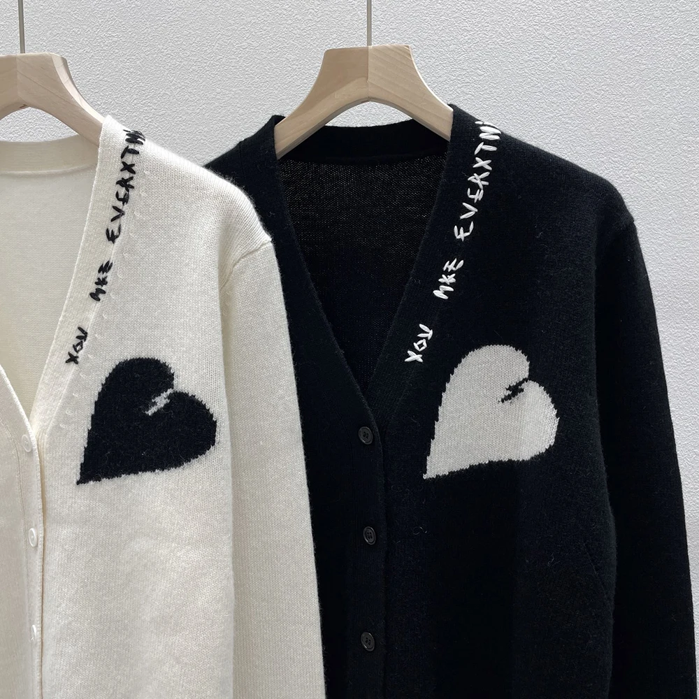 روان M559 رسالة الحب الجاكار سترة متماسكة الخامس الرقبة طويلة الأكمام زر الإناث سترة عادية مريحة سيدة الأعلى 2026 #3