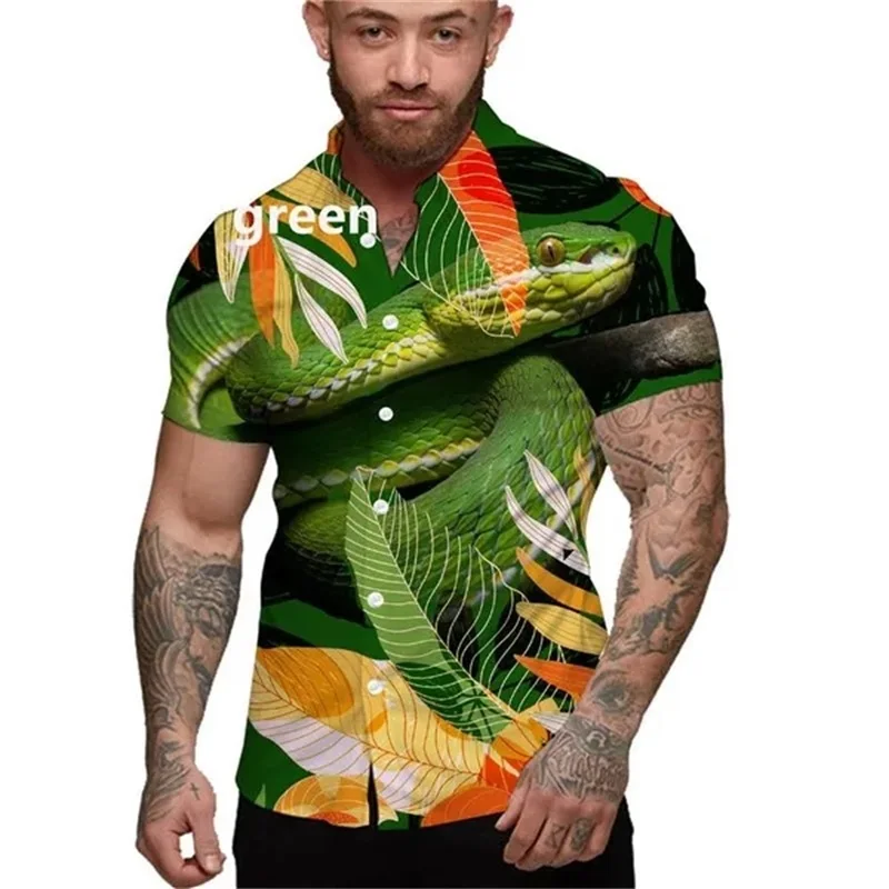 

3D Full Printed Snake Pattern Shirts Summer Short Sleeve Oversized Hawaiian Beach Shirt Casual Men Button Down Shirts & Blouses