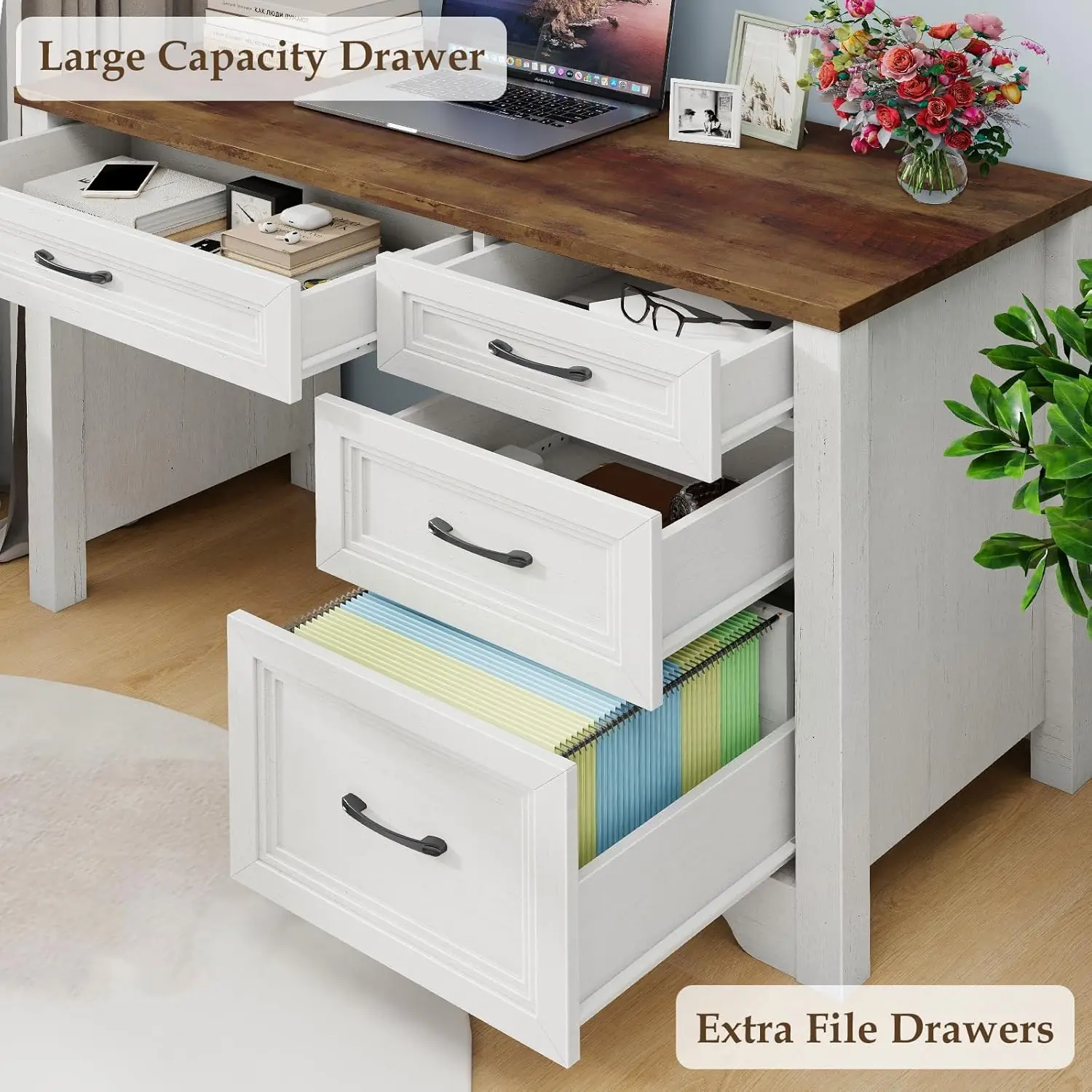 Farmhouse Executive Desk With Drawers, Wood Computer Desk With Ample File Drawer, Rustic Home Office Desk With Storage For Bedro