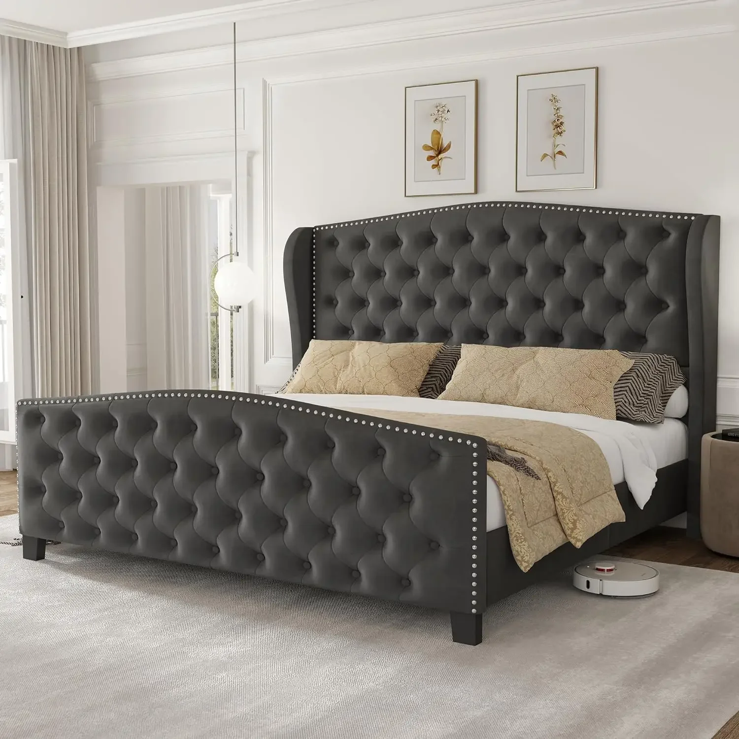 Bed Frame Velvet Platform Bed w/ Wingback Headboard & Footbaord Upholstered Beds Deep Button Tufted Frame w/ Wood Slats Support