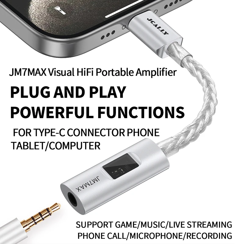 JCALLY JM7MAX Type-C Portable DAC & AMP Visual HiFi USB To 3.5mm Digital Earphone Adapter for Android/Apple Gaming Phone Calls view 3
